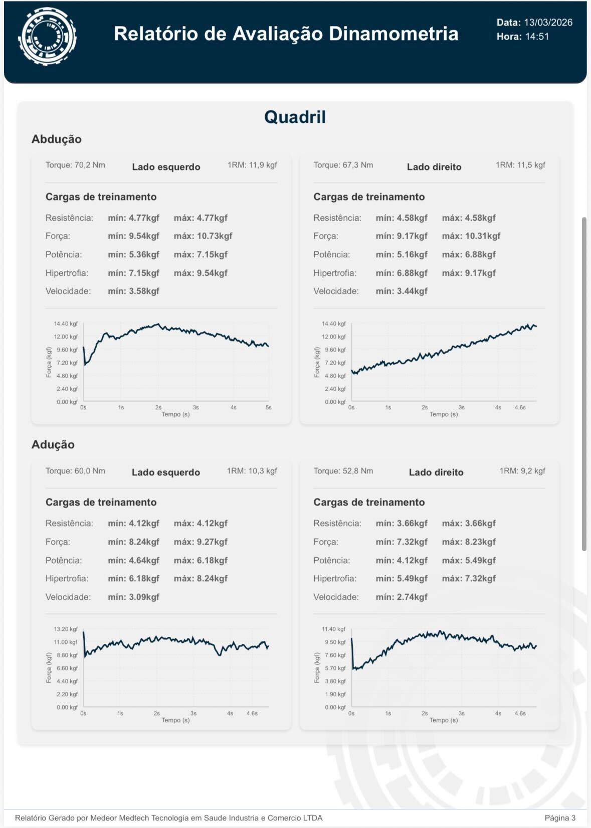 Relatório de dinamometria: torque, 1RM e cargas de treinamento com gráficos de força por tempo